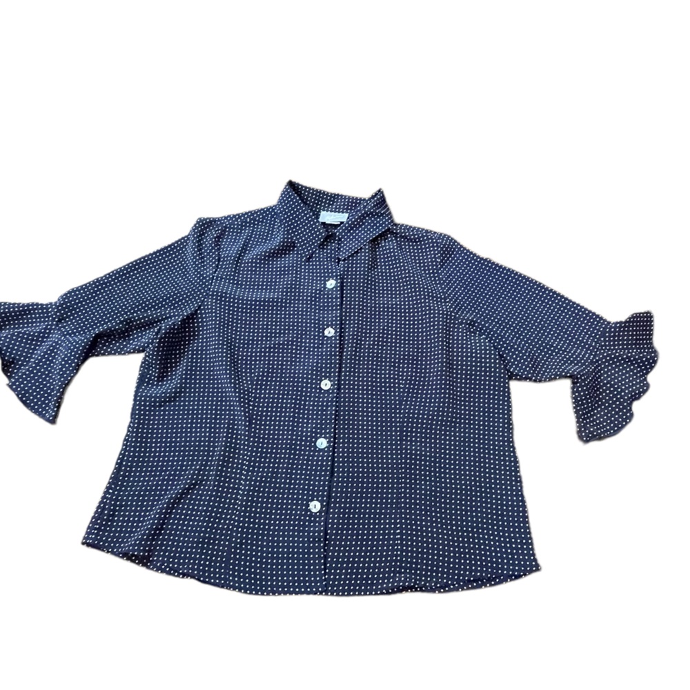 Blouse button down Blair Navy & White Polka Dot Blouse ruffled sleeves X-Large